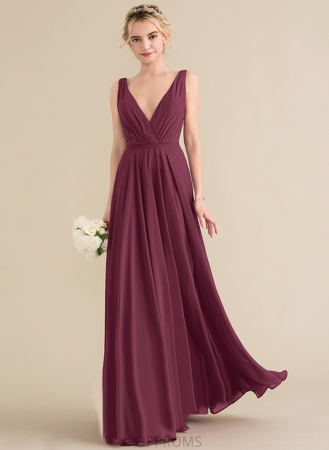 Jaelynn V-neck Prom Dresses Pleated Chiffon Floor-Length A-Line With