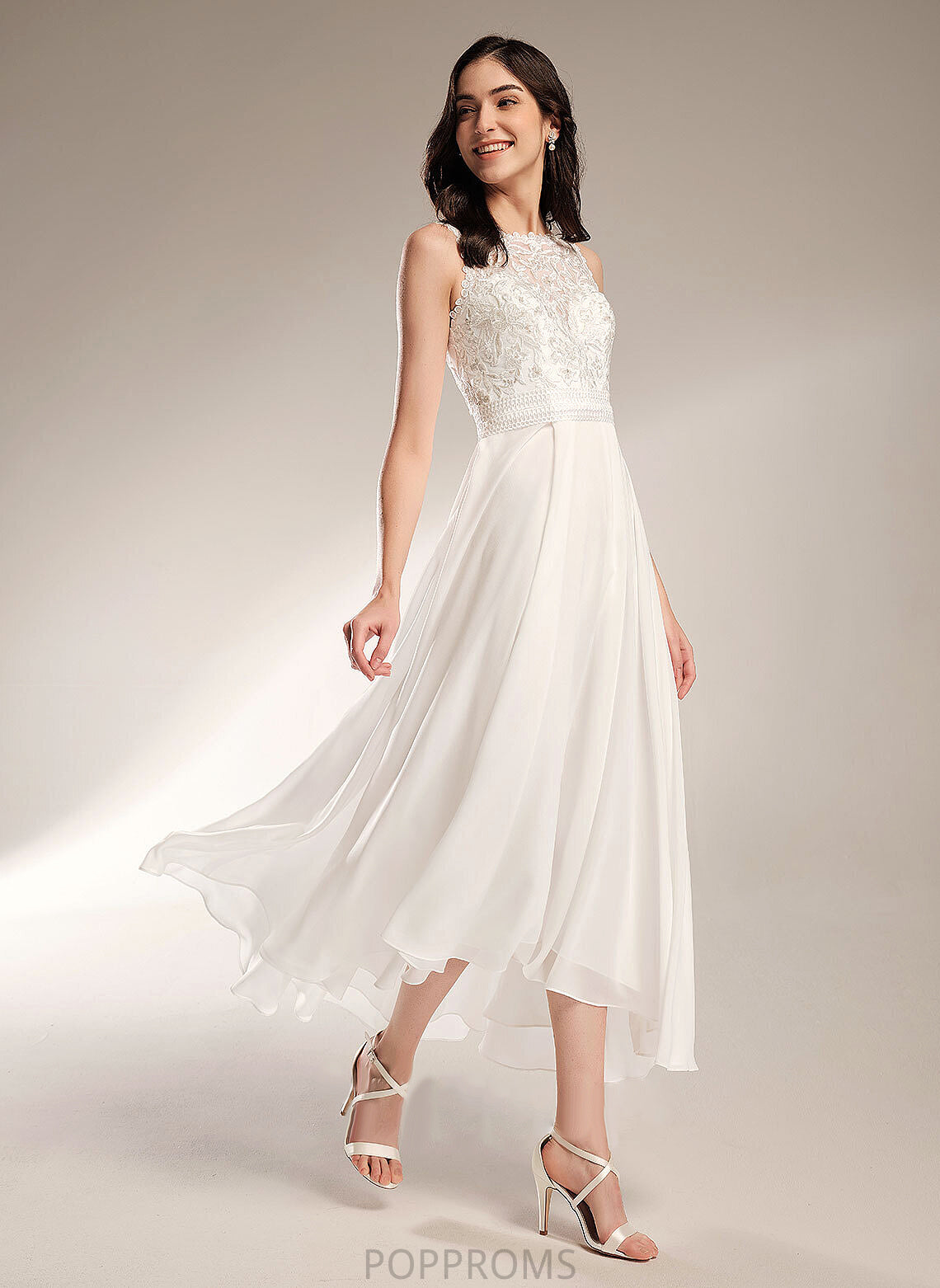 Neck Scoop Asymmetrical Chiffon Wedding Dresses Dominique Lace Wedding A-Line Dress