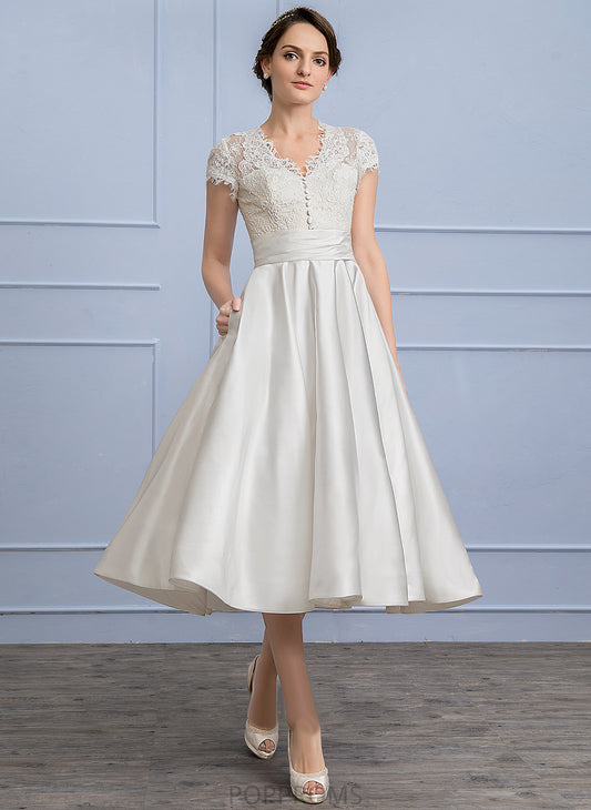 Wedding Londyn Pockets V-neck Wedding Dresses Satin Dress With Ruffle Lace Tea-Length A-Line