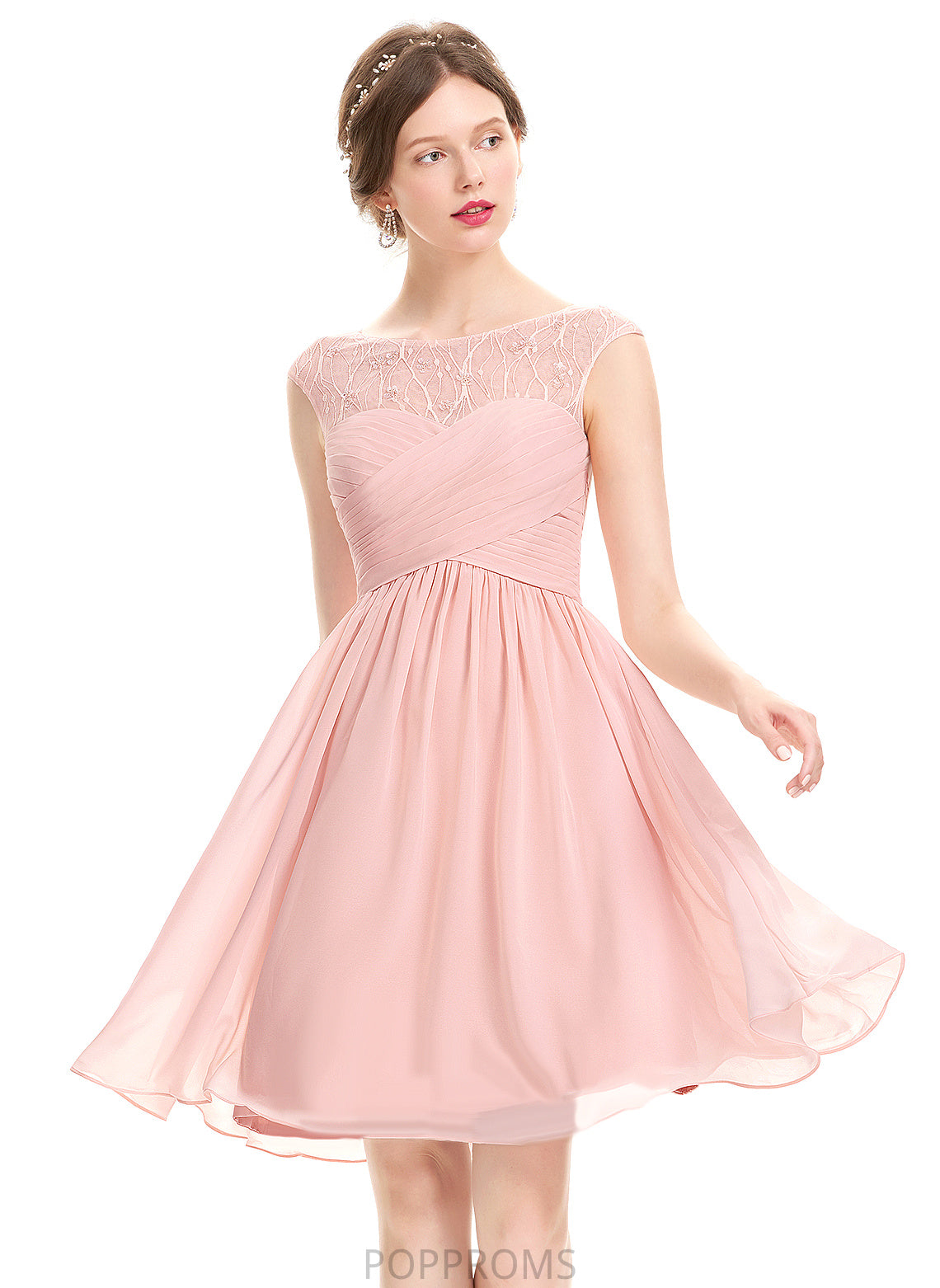 Chiffon Knee-Length With Beading Ruffle A-Line Tulle Scoop Ansley Prom Dresses