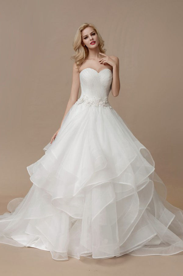 A Line Court Train Sweetheart Sleeveless Ruffles Wedding Dresses