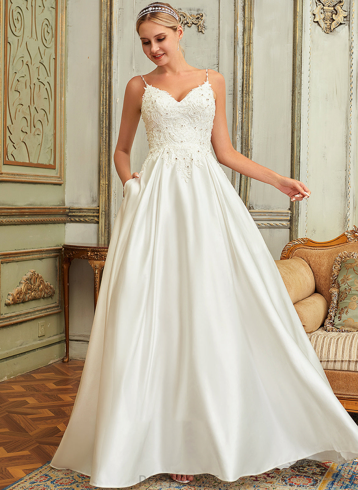 Wedding Sweep Dress Satin Ball-Gown/Princess Amirah Sequins With Lace Beading V-neck Pockets Train Lace Wedding Dresses