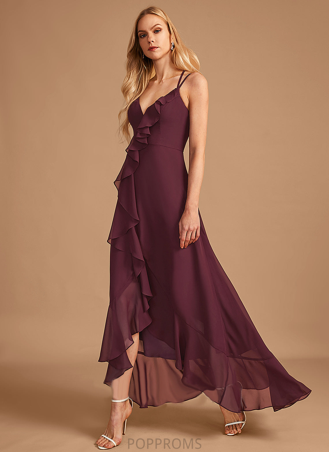 A-Line Embellishment Fabric V-neck Ruffle Asymmetrical SplitFront Neckline Length Silhouette Linda Sleeveless Bridesmaid Dresses