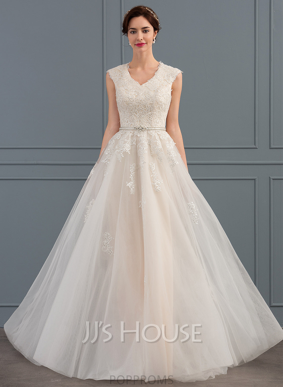 V-neck Sequins Beading Dress A-Line With Tulle Mabel Wedding Sweep Wedding Dresses Bow(s) Train