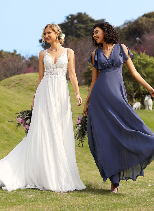 Beading Chiffon Wedding A-Line Train With Wedding Dresses Sequins V-neck Abbie Dress Court Lace