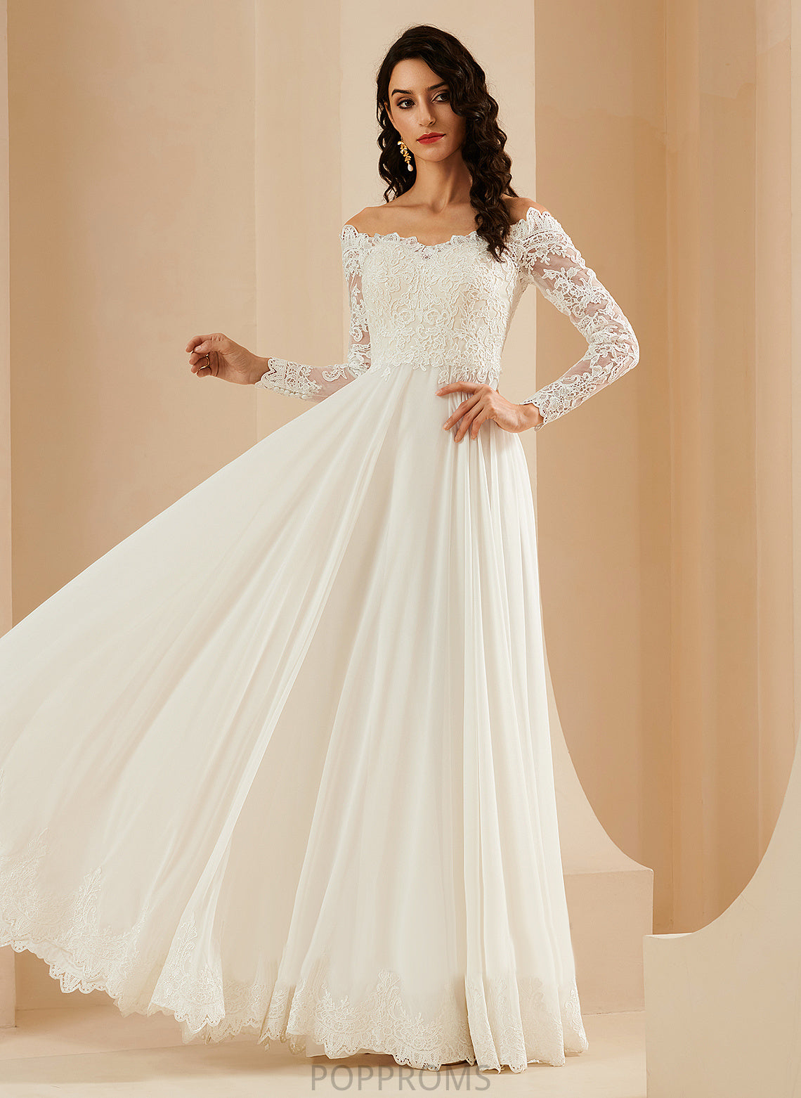 Lace Dress Wedding Dresses With Chiffon Sweep A-Line Train Kaya Wedding Off-the-Shoulder