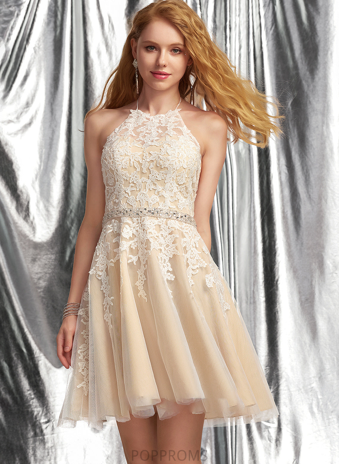 Short/Mini Sequins Cheryl Halter A-Line With Beading Tulle Lace Prom Dresses