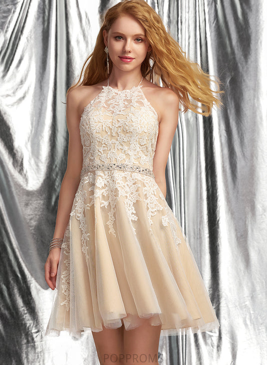 Short/Mini Sequins Cheryl Halter A-Line With Beading Tulle Lace Prom Dresses