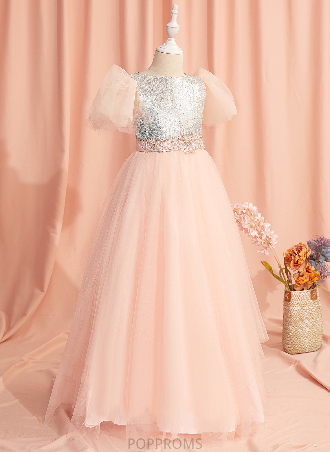 Ball-Gown/Princess With Tulle/Sequined Scoop Flower Sleeves Floor-length Neck Dress - Girl Beading/Sequins/Bow(s) Flower Girl Dresses Short Harmony