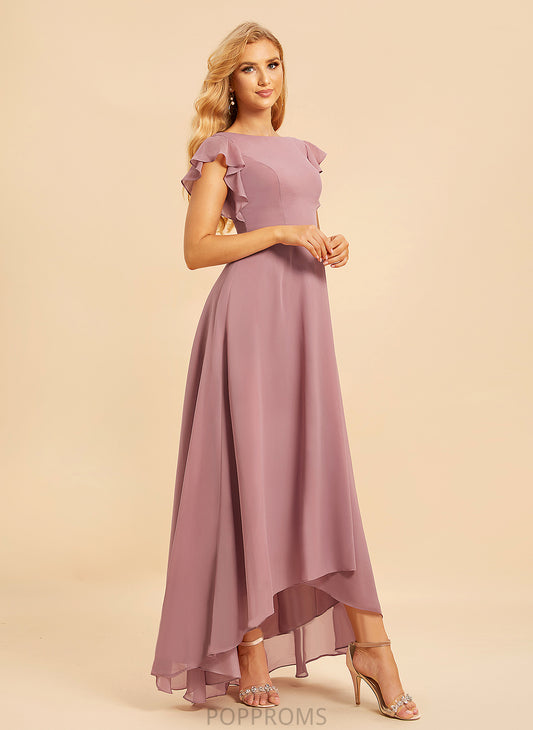 A-Line Ruffle Silhouette Embellishment Fabric ScoopNeck Neckline Asymmetrical Length Zaria Scoop Sleeveless Bridesmaid Dresses