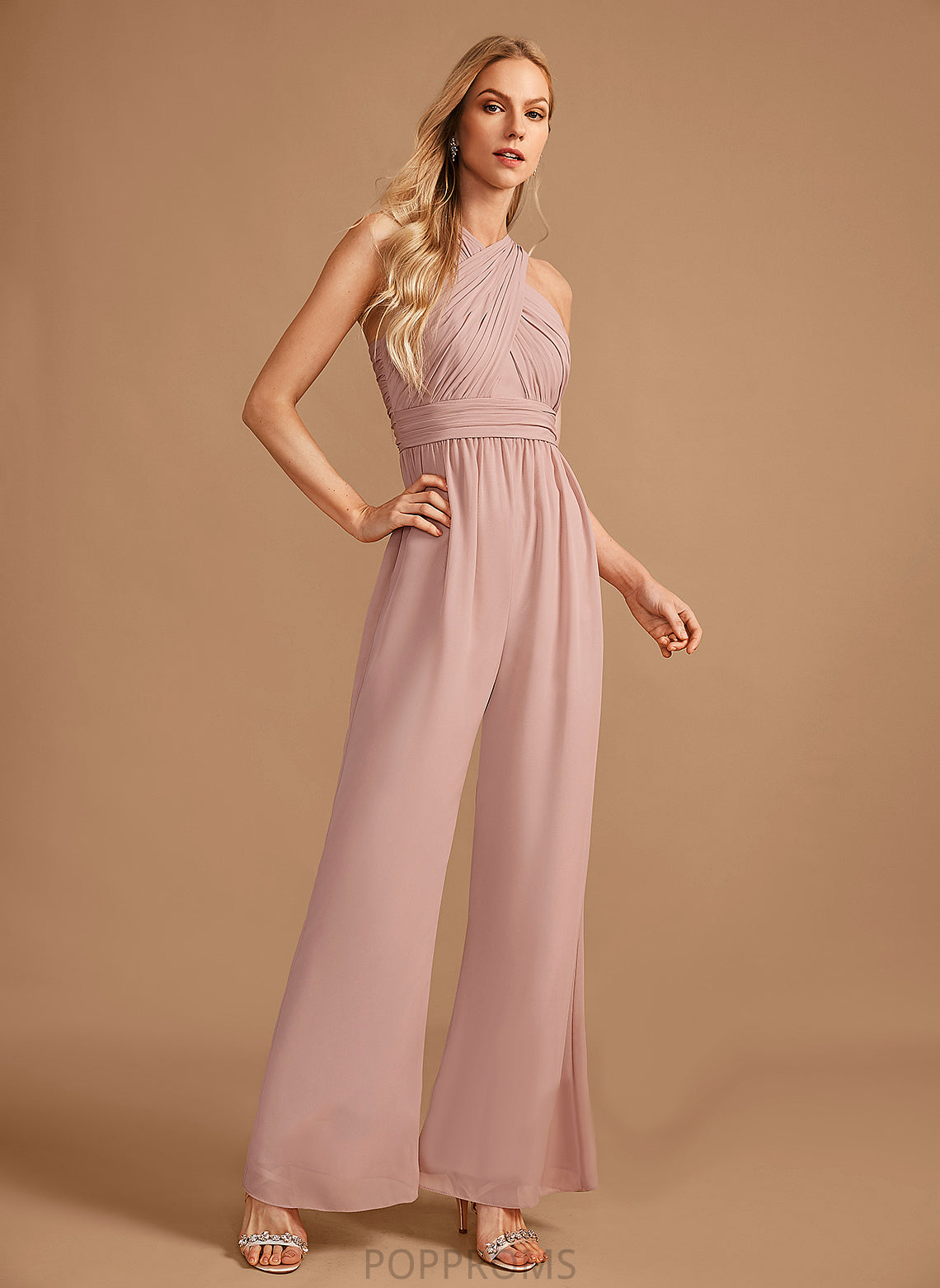 Floor-Length Embellishment Length Fabric Pleated HighNeck Straps Neckline Kelly Sleeveless V-Neck Natural Waist Bridesmaid Dresses