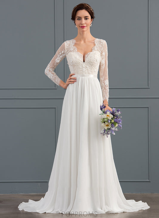 V-neck Dress Sweep Sequins Catherine Wedding Dresses A-Line Train With Chiffon Beading Wedding