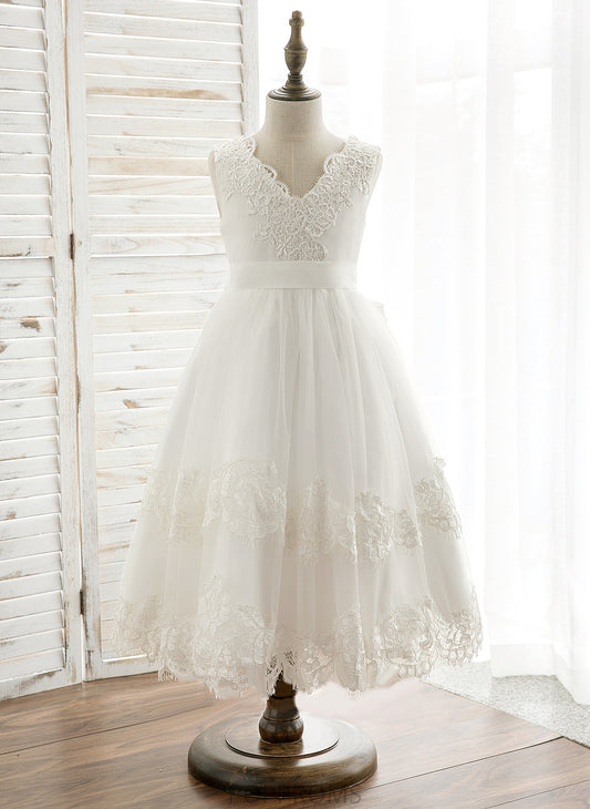 Bow(s)/V With Flower Girl Dresses A-Line Dress Tea-length Girl V-neck Kasey Back Sleeveless Tulle/Lace - Flower