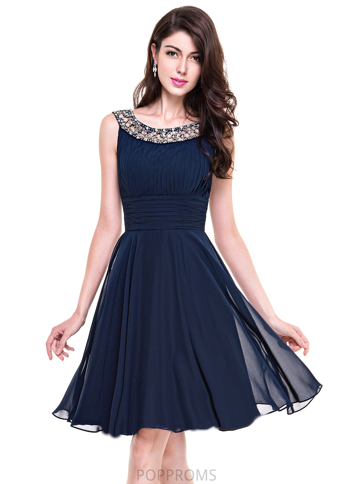 Adrienne Dress Beading Knee-Length A-Line Neck Chiffon Scoop Ruffle Cocktail Dresses With Cocktail