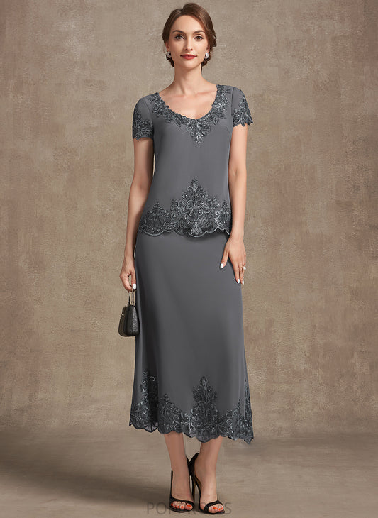 Mother of the Bride Dresses of Sequins Chiffon the A-Line Dress Lace With Scoop Tea-Length Helga Bride Neck Mother