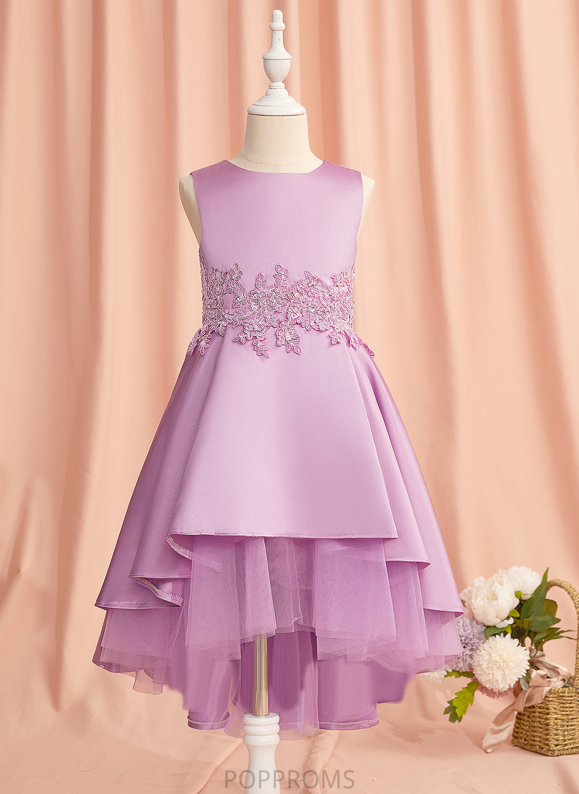 Scoop Aubree Asymmetrical Lace/Beading/Bow(s) Flower Girl Dresses A-Line Satin/Tulle With Sleeveless Flower Neck - Dress Girl