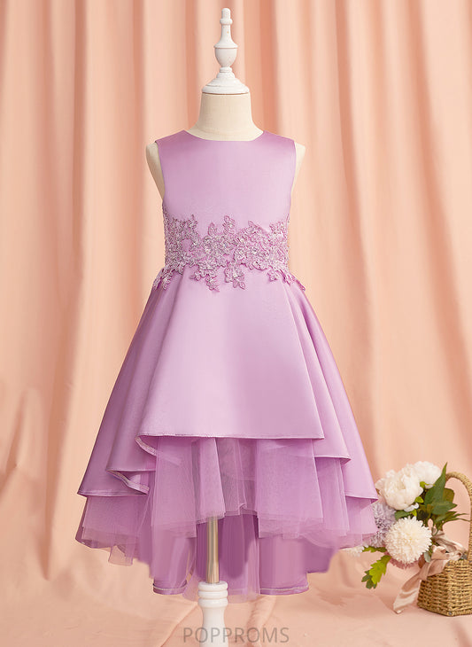 Scoop Aubree Asymmetrical Lace/Beading/Bow(s) Flower Girl Dresses A-Line Satin/Tulle With Sleeveless Flower Neck - Dress Girl