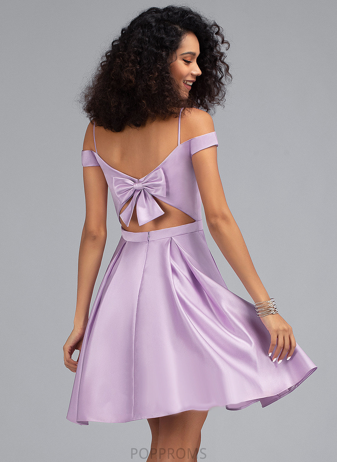 Homecoming Dress Short/Mini A-Line Satin Off-the-Shoulder With Pockets Norma Bow(s) Homecoming Dresses