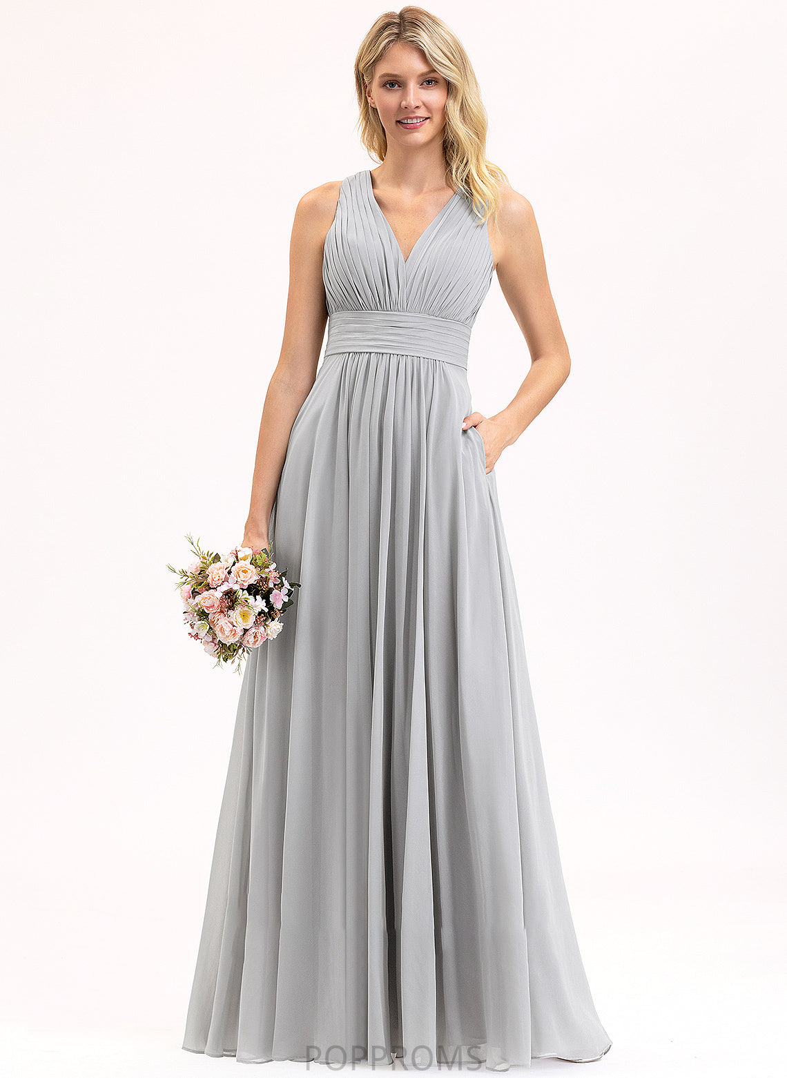 Fabric Embellishment V-neck Neckline Ruffle Bow(s) Silhouette Pockets A-Line Floor-Length Length Johanna Bridesmaid Dresses