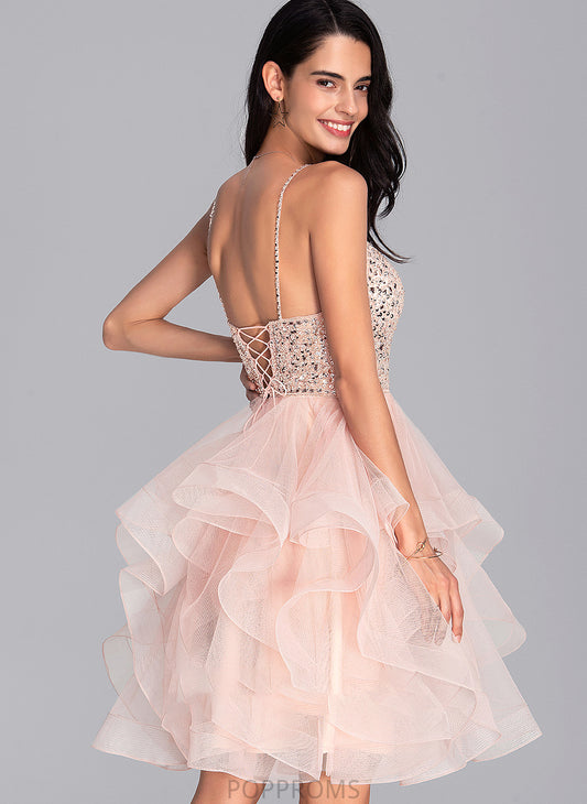 With V-neck Knee-Length Ball-Gown/Princess Prom Dresses Beading Tulle Casey Sequins