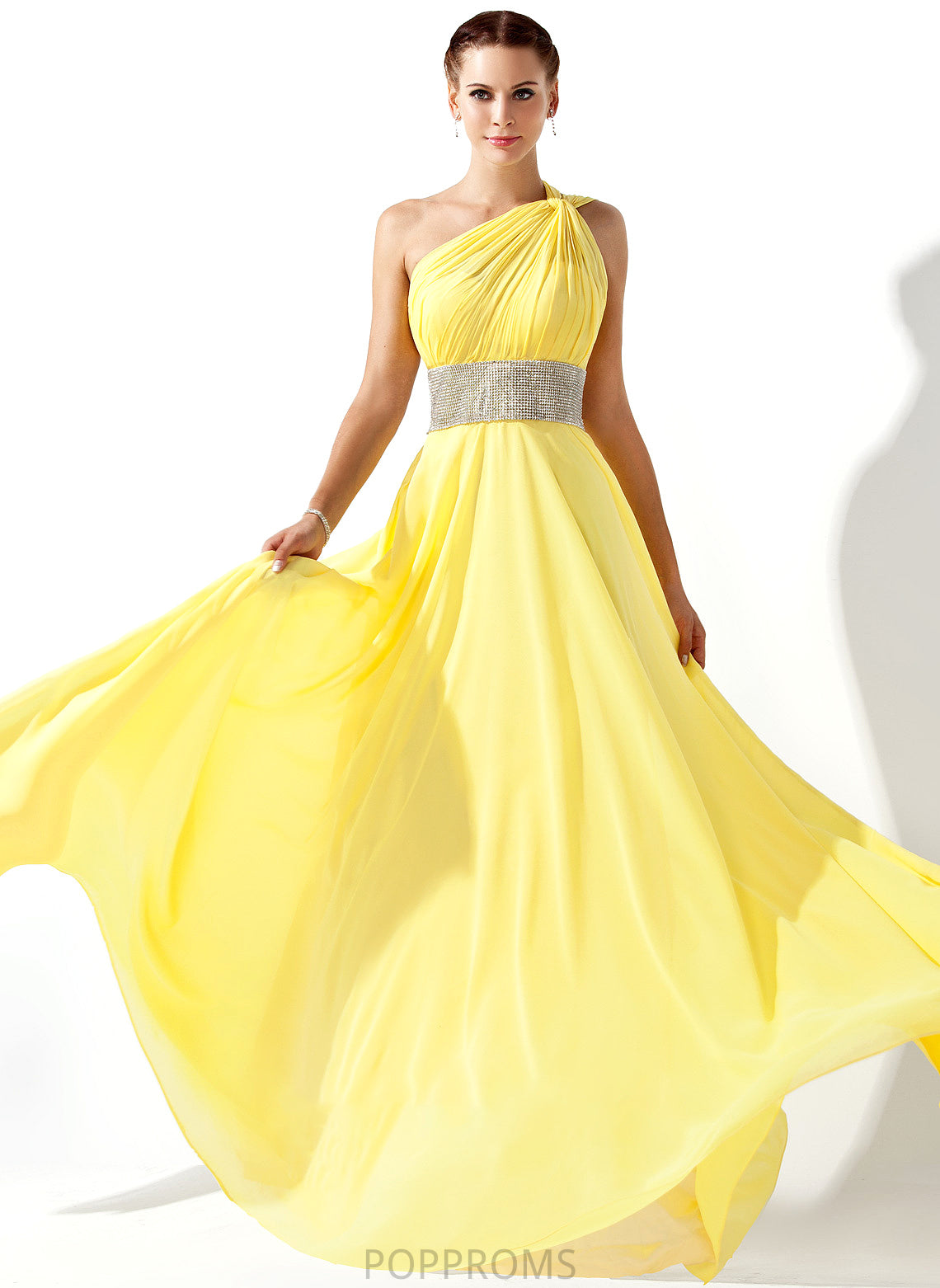 With A-Line Floor-Length One-Shoulder Sara Beading Chiffon Ruffle Prom Dresses