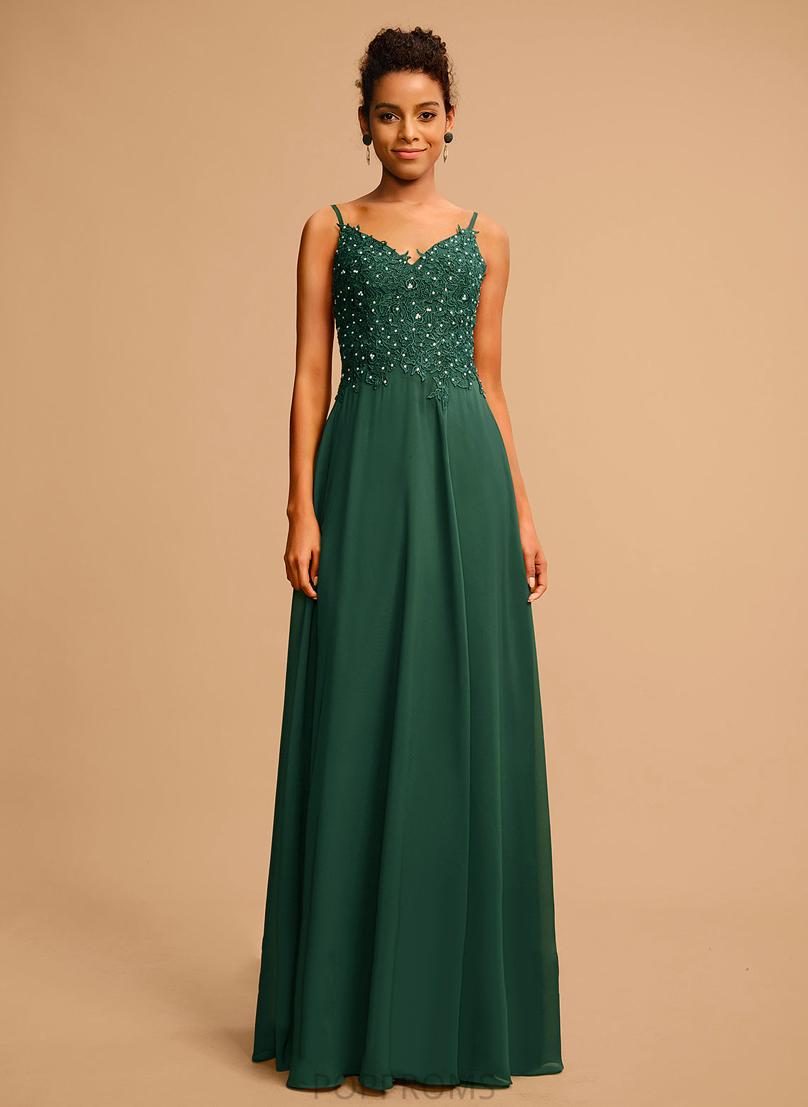 With Floor-Length V-neck Lace Chiffon A-Line Prom Dresses Krista Sequins Beading