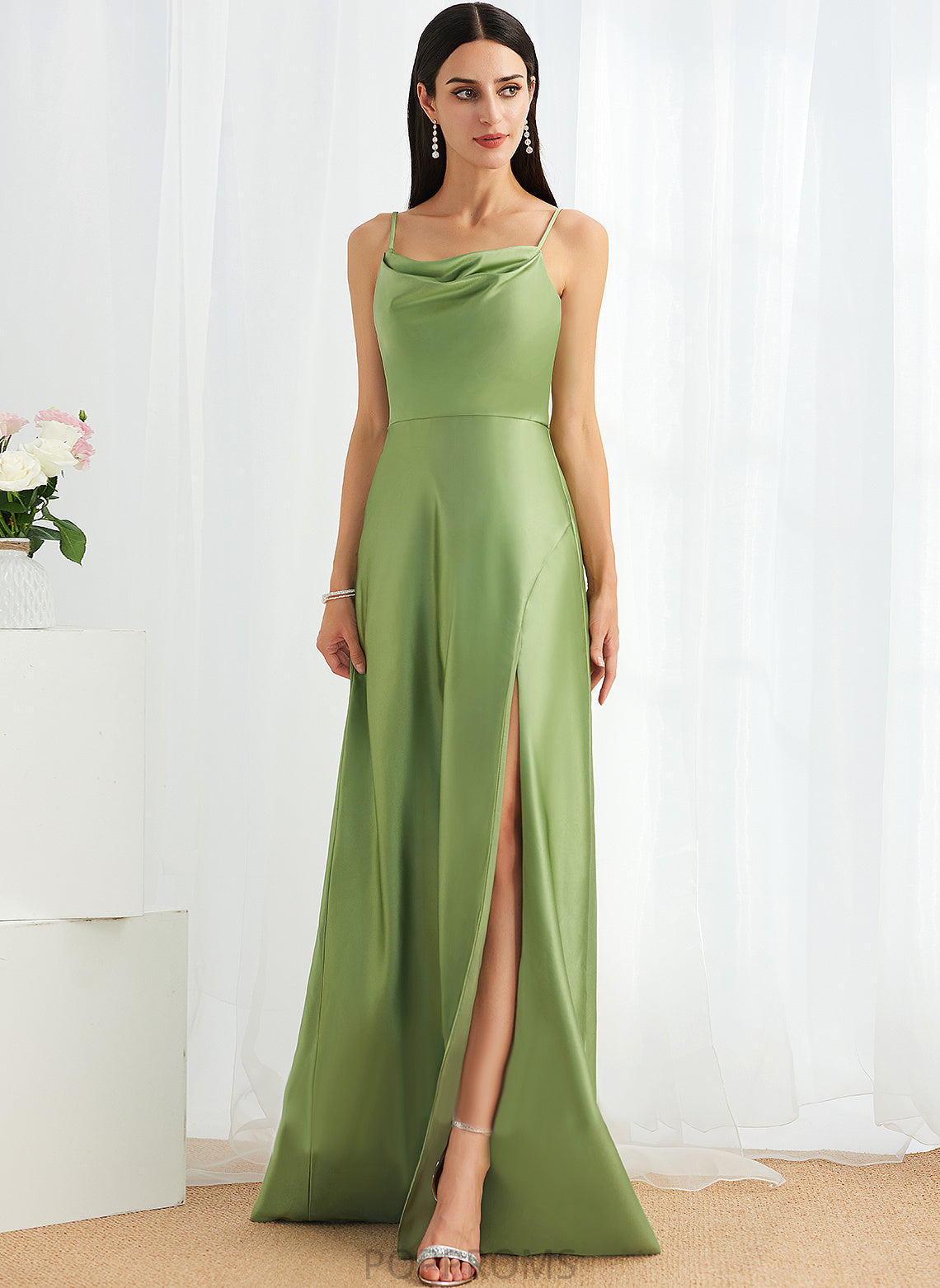 SplitFront Fabric Silhouette Neckline Embellishment A-Line Floor-Length CowlNeck Length Emilia Floor Length Natural Waist Bridesmaid Dresses