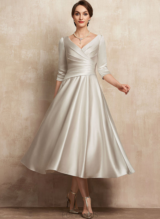 Satin Ruffle Mother Zoie V-neck the Bride Tea-Length With of Dress Mother of the Bride Dresses A-Line