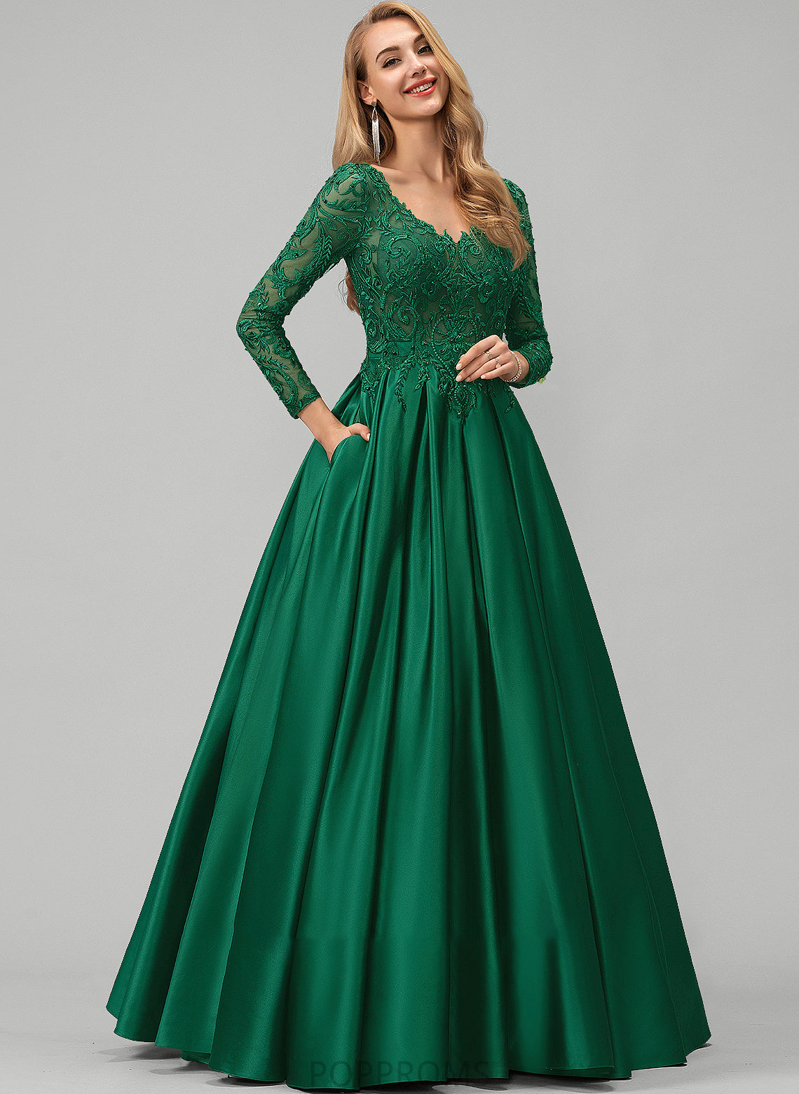 Sequins Ball-Gown/Princess With Satin V-neck Beading Prom Dresses Lace Pockets Floor-Length Gianna