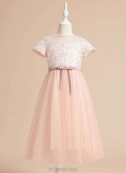 Dress Girl - Alisson Scoop Flower Tea-length Tulle Neck Sleeves Sash/Bow(s) With A-Line Flower Girl Dresses Short