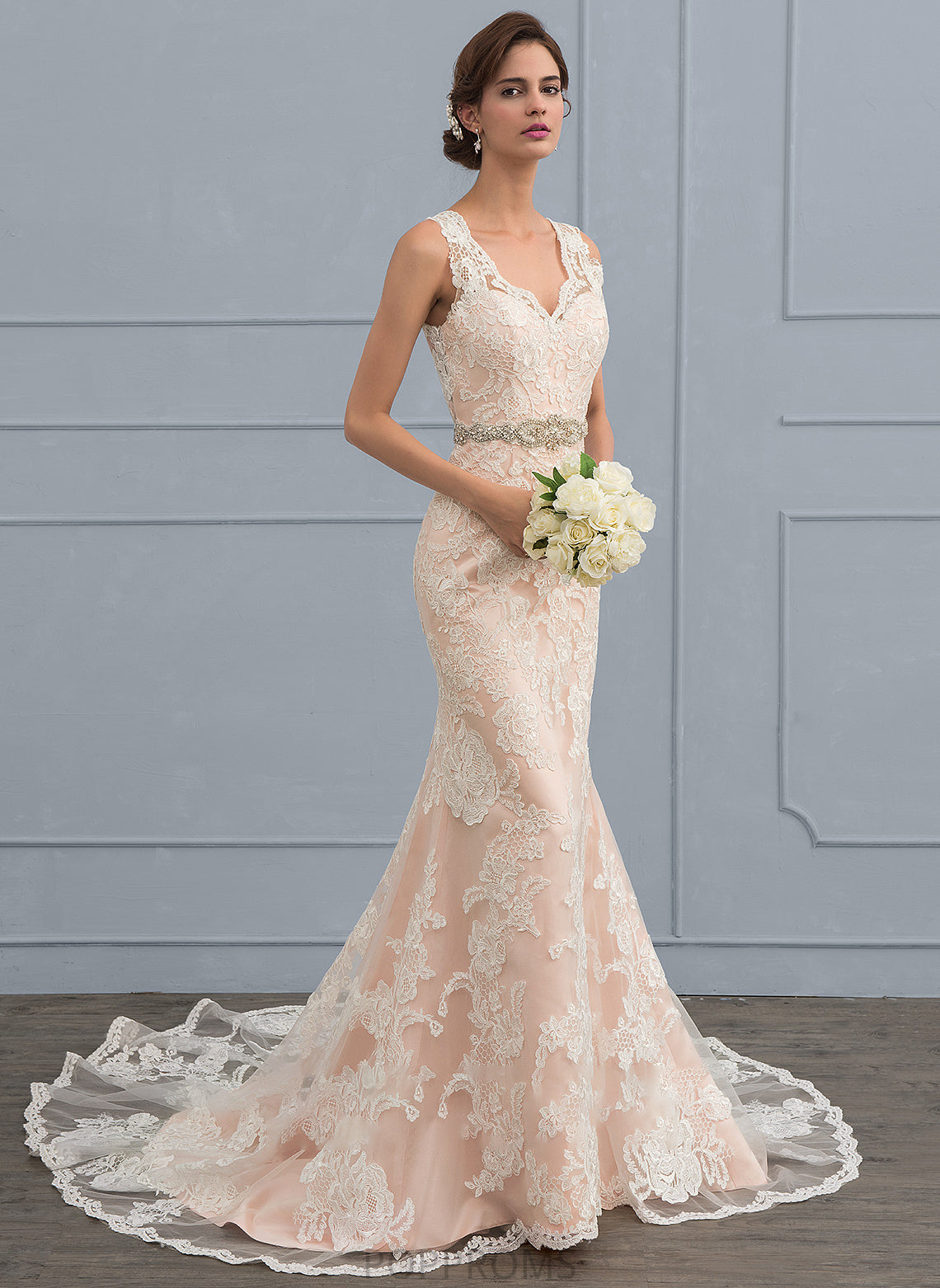 Trumpet/Mermaid Wedding Dresses Dress Wedding V-neck Beading Tulle Chapel Reese With Lace Train