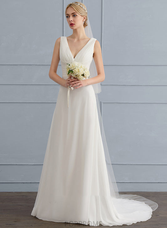 With Train Sweep Dress Ruffle Chiffon Wedding Wedding Dresses V-neck A-Line Ingrid