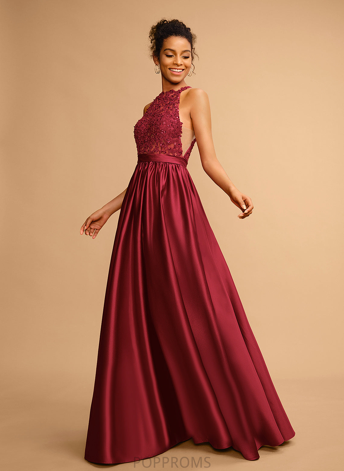 With Lace Halter Prom Dresses Sequins Satin Floor-Length Elvira Ball-Gown/Princess