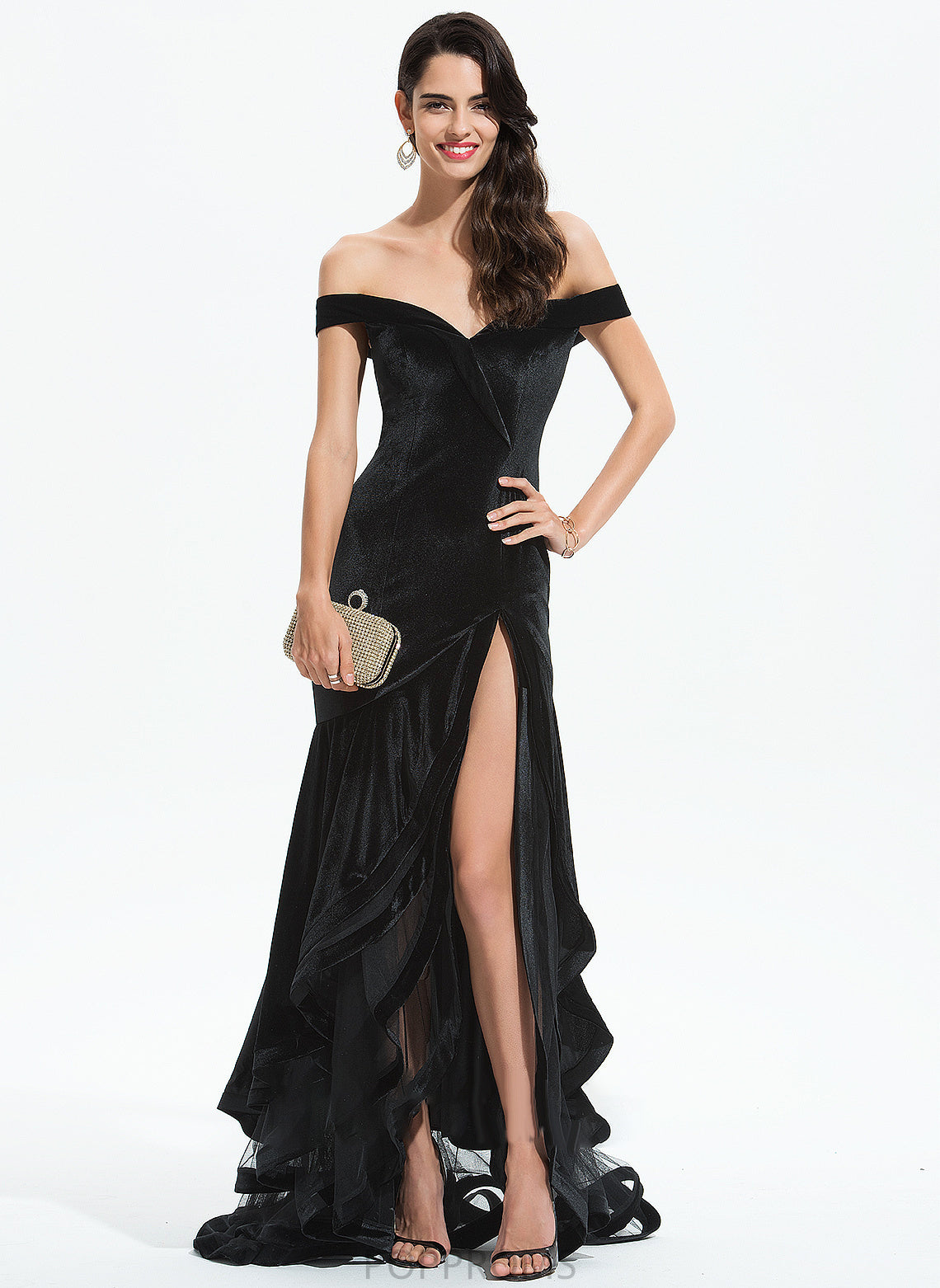 Train Danielle Sweep Trumpet/Mermaid Ruffles Prom Dresses Cascading Off-the-Shoulder Velvet With