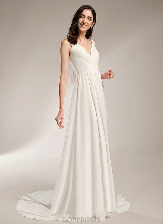 Wedding Dresses Chiffon A-Line Lace Train Wedding Dress V-neck With Court Elianna