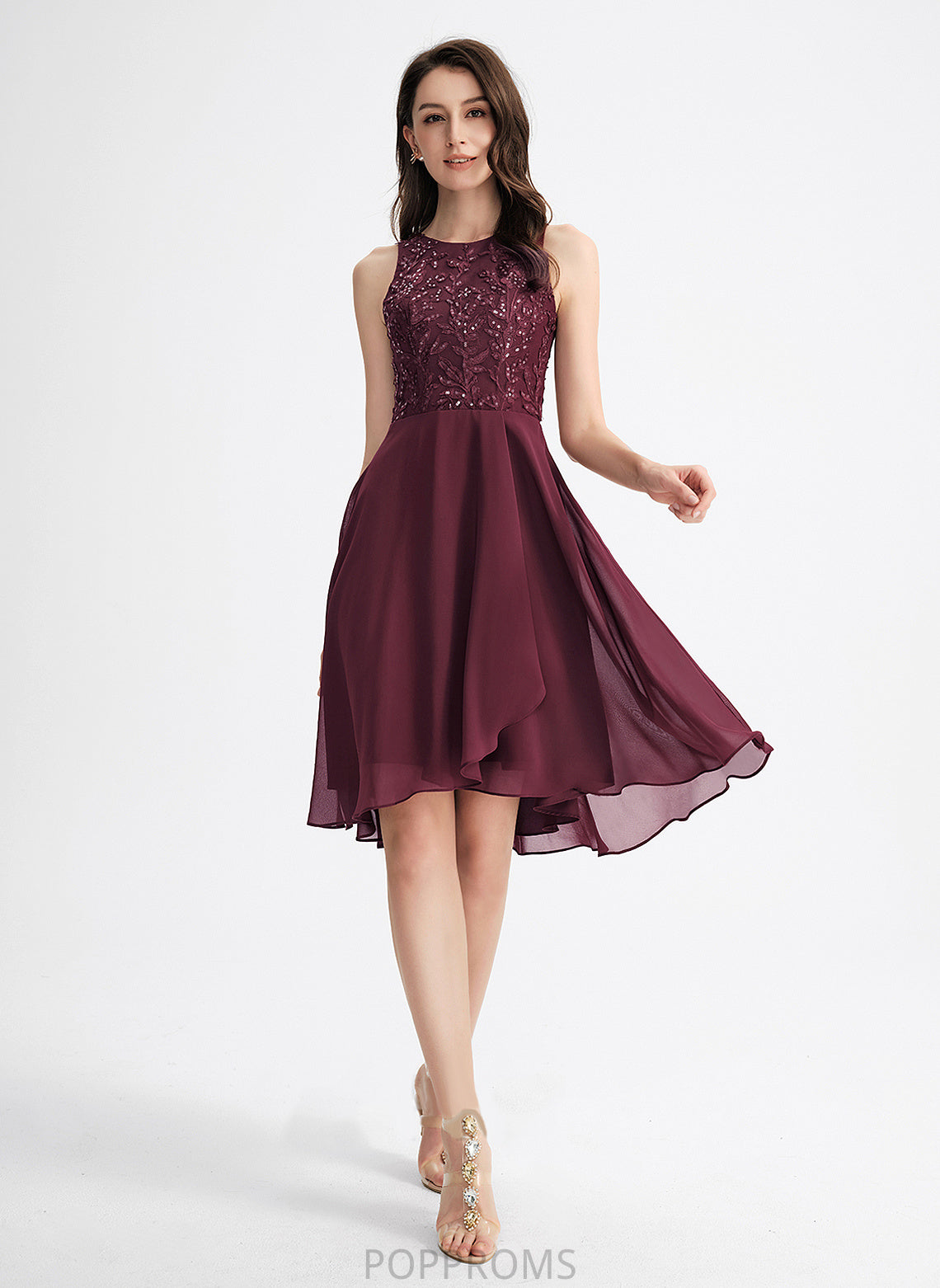 Dress Essence Lace With Chiffon Asymmetrical Homecoming Sequins Neck A-Line Scoop Homecoming Dresses