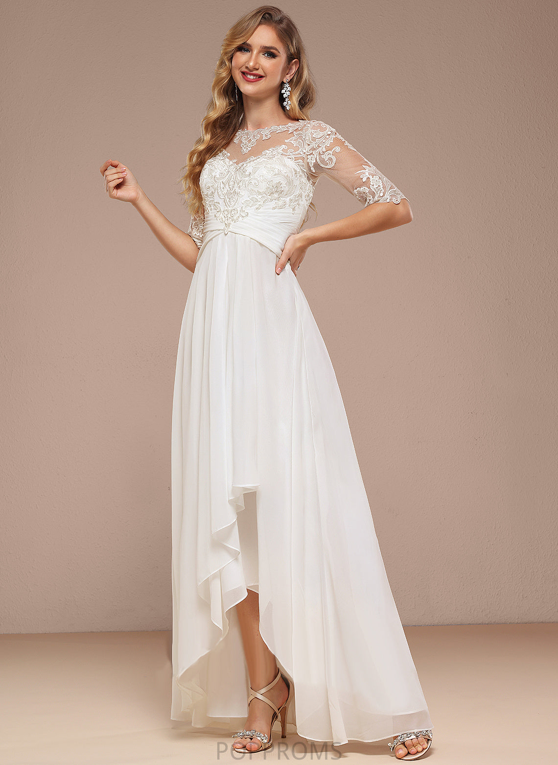 Dress Chiffon Kaya Neck Asymmetrical Wedding Dresses Wedding A-Line Lace Boat