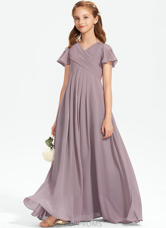 V-neck With Floor-Length Ruffle Junior Bridesmaid Dresses Chiffon A-Line Jaliyah