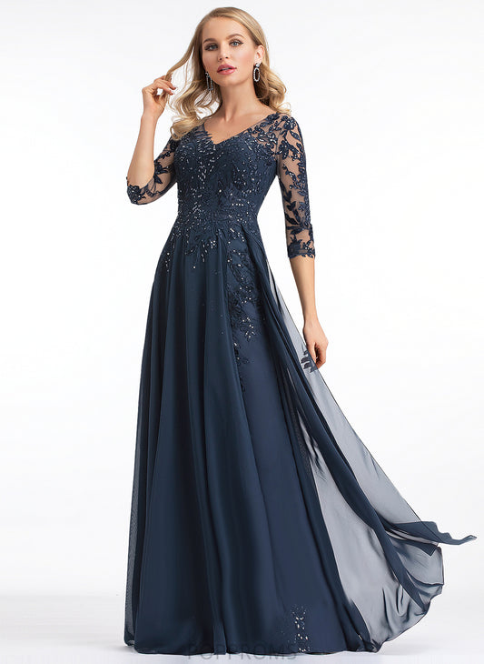 With A-Line V-neck Sequins Floor-Length Yasmine Prom Dresses Chiffon Lace