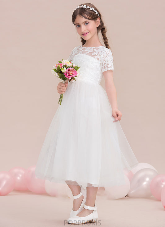 Tulle Tea-Length A-Line Neck Junior Bridesmaid Dresses Deanna Scoop