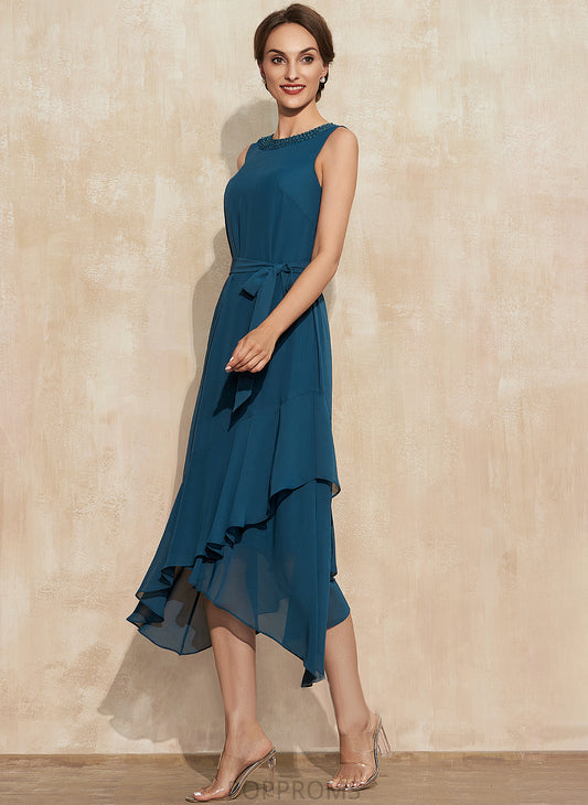 Cascading Chiffon Neck Jillian Scoop Ruffles Beading Dress Cocktail A-Line Asymmetrical Cocktail Dresses With