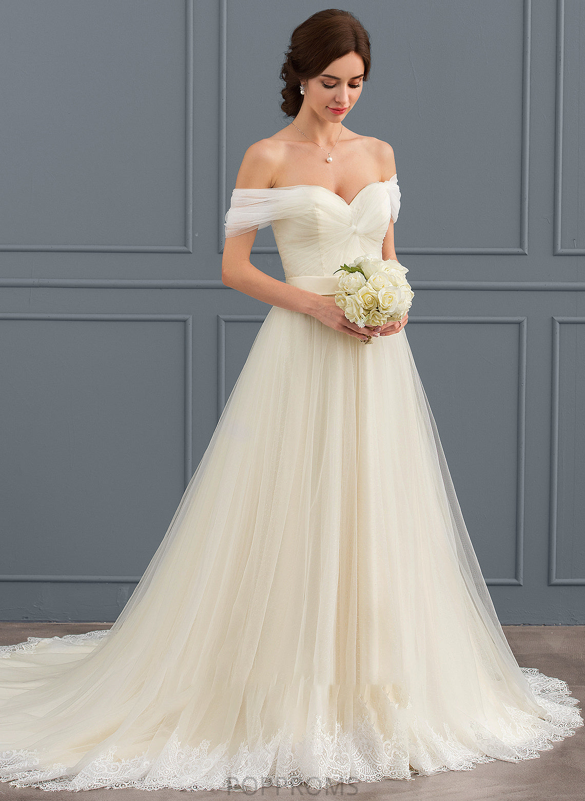 With Wedding Dresses Josephine Ball-Gown/Princess Dress Court Off-the-Shoulder Wedding Lace Tulle Train Ruffle