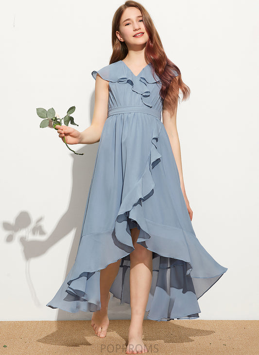 With Diana V-neck Asymmetrical A-Line Chiffon Ruffles Cascading Junior Bridesmaid Dresses Bow(s)