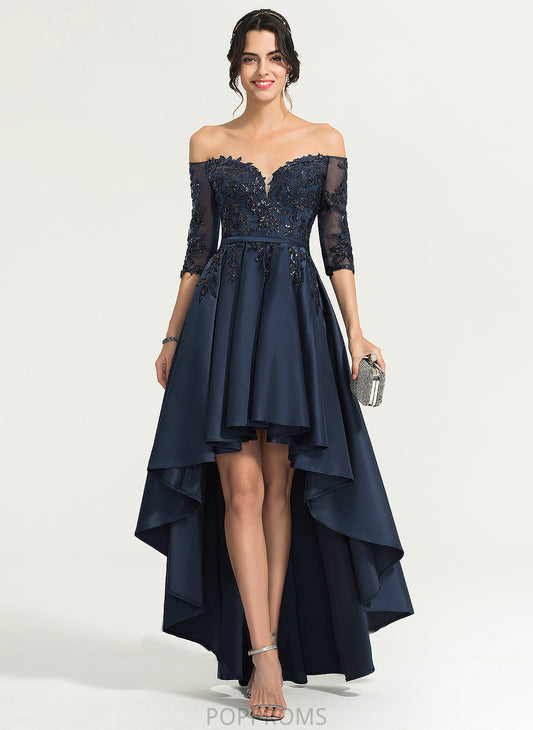 Asymmetrical Sequins Off-the-Shoulder Regina A-Line Lace With Satin Prom Dresses