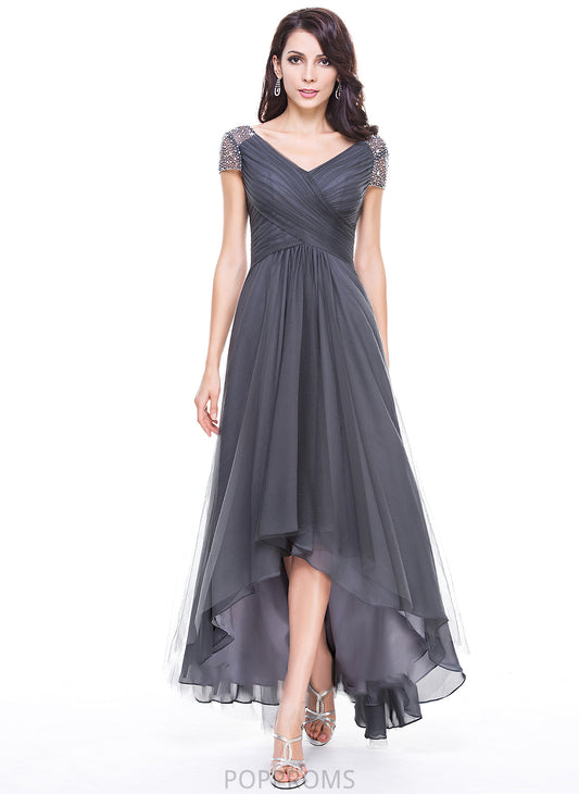 Asymmetrical A-Line of Dress Mother of the Bride Dresses Ruffle the Beading With Jaiden Tulle Bride Mother V-neck Sequins