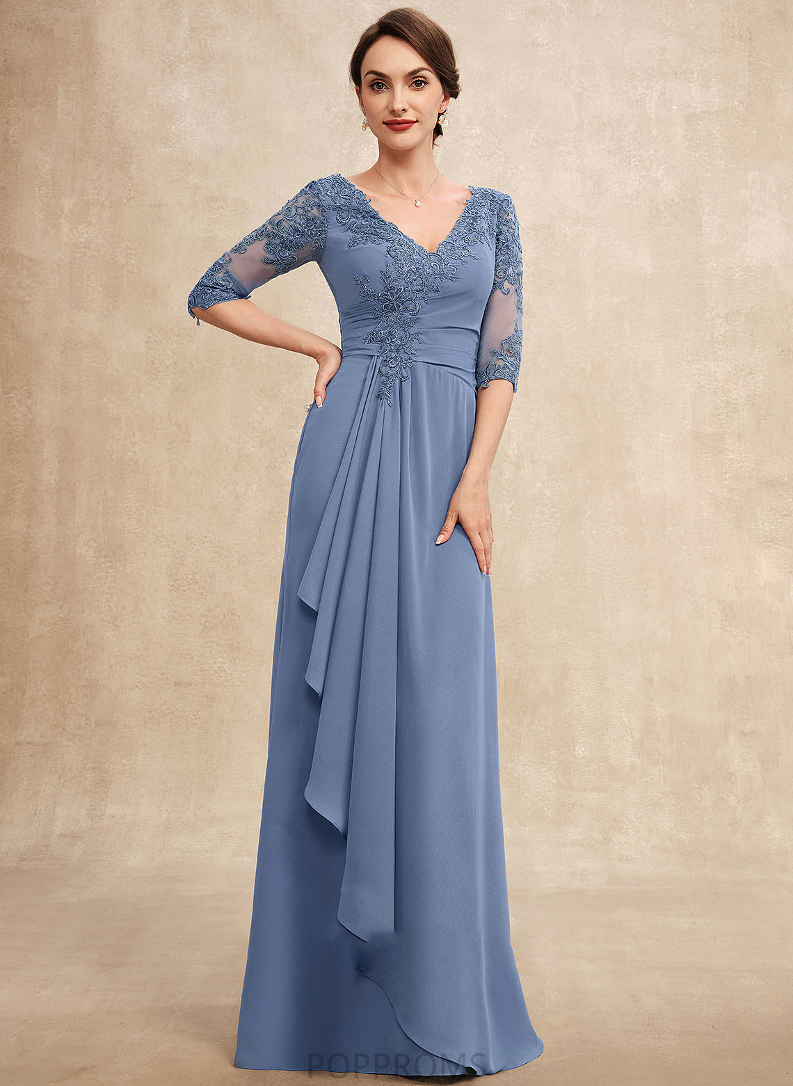 Bride A-Line the V-neck Chiffon Kenzie of Cascading Dress Floor-Length Lace Mother With Mother of the Bride Dresses Ruffles