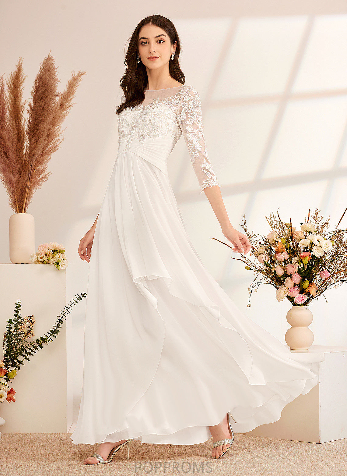 Wedding Dresses Ruffle Lace Illusion A-Line Monserrat Floor-Length Beading Dress Chiffon Wedding With