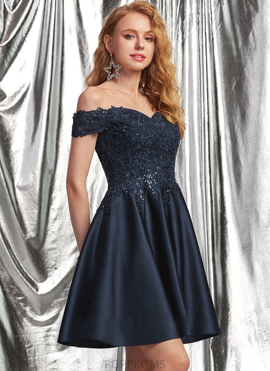 Sequins With Marianna Short/Mini A-Line Lace Off-the-Shoulder Satin Prom Dresses