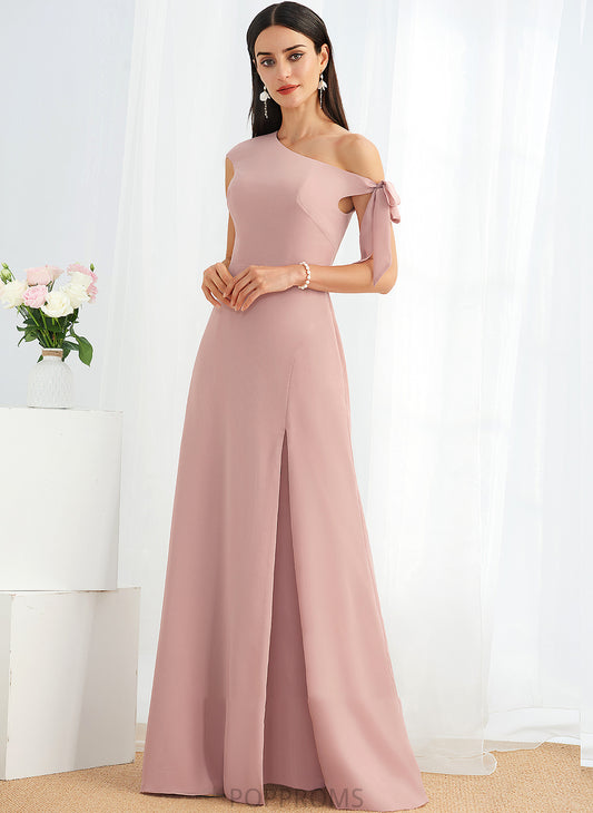 A-Line Fabric One-Shoulder Length Bow(s) Floor-Length Neckline Silhouette Embellishment Maya Natural Waist Sleeveless Bridesmaid Dresses