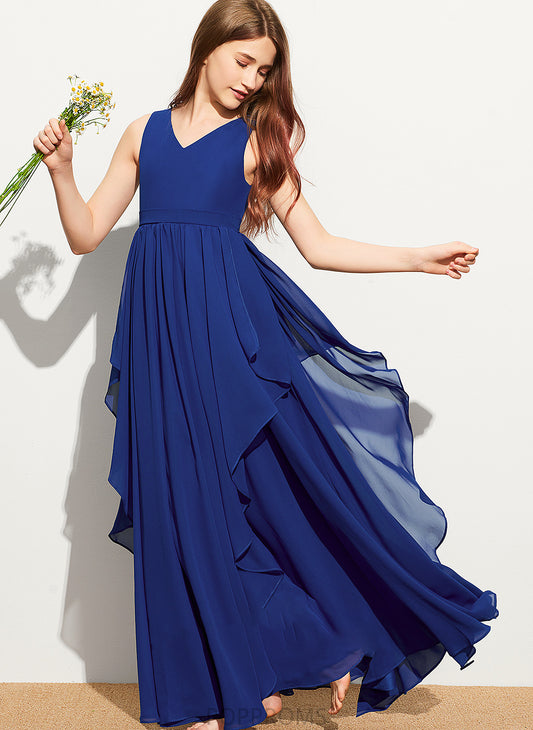 V-neck A-Line Cascading Floor-Length Chiffon Junior Bridesmaid Dresses Ruffles Rebekah With